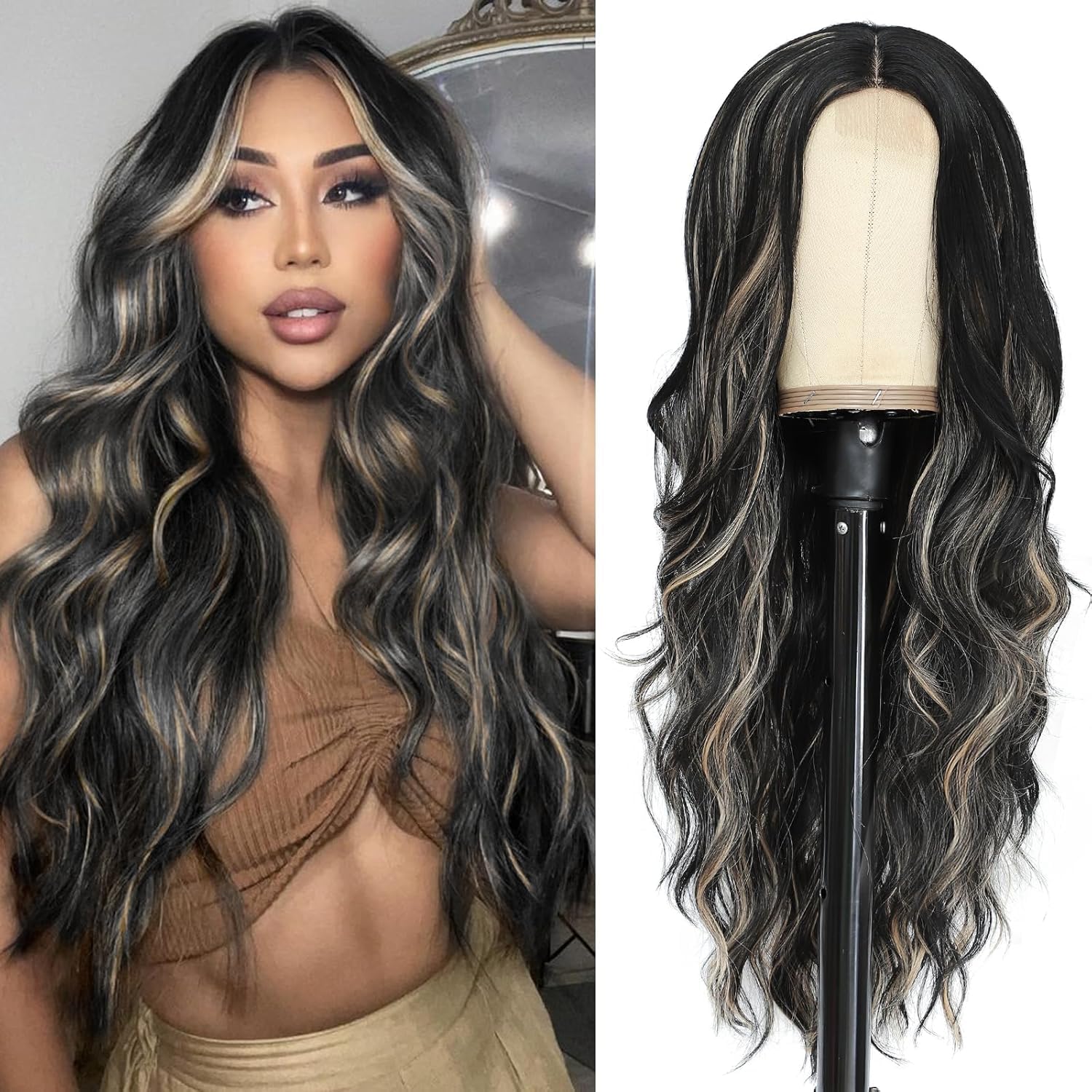 Amazon.com : NAYOO Long Black Mixed Blonde Wavy Wig for Women 26